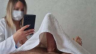 This babe didn't wait that his knob could wake up from a massage, and erect tugjob for him