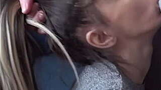 Candie Pass through goes on her lap for a facial oral stimulation